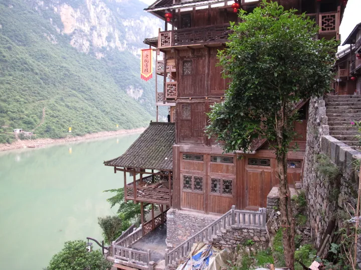 Riverside wooden stilt buildings at Gongtan Ancient Town, Youyang County