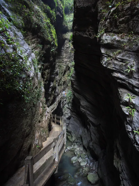 Deep narrow rock canyon with a wooden boardwalk running along a stream at the bottom