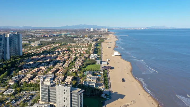 Aerial view of Golden Beach resort and coastline in Changli County