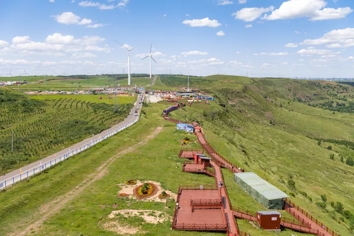 Grassland scenic area with wind turbines in Zhangbei County