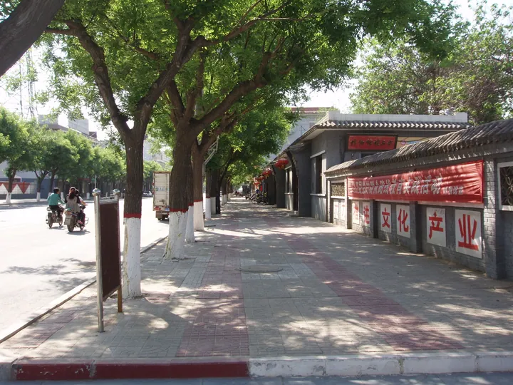Tree-shaded street with shopfronts in Wuqiang County