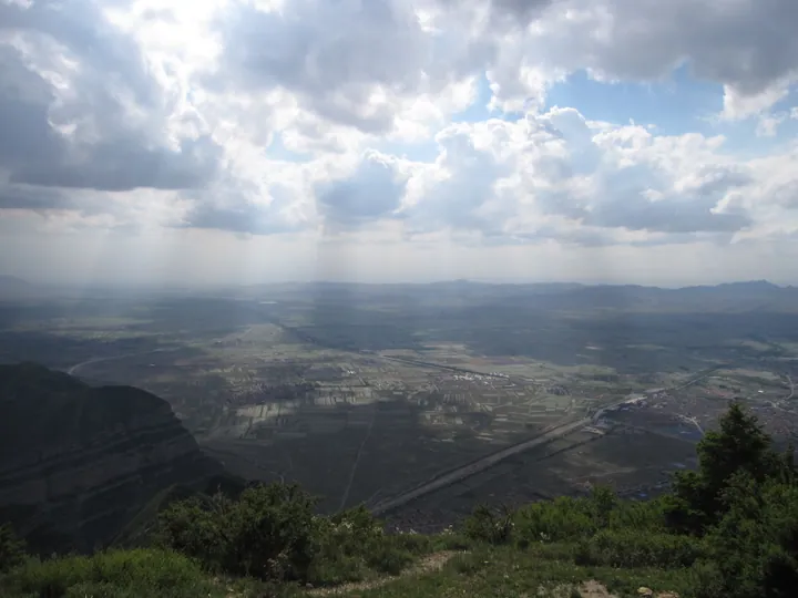 Panoramic view of farmland and the town below, seen from the summit of Heng Shan