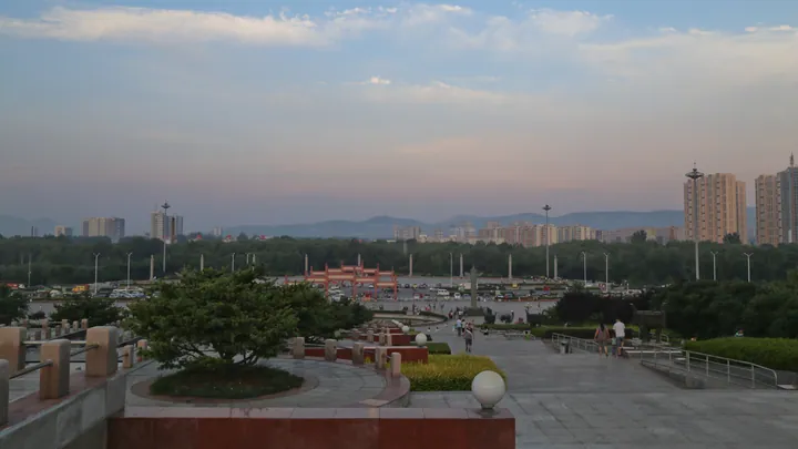 Plaza and cityscape at dusk in Shangdang District, Changzhi
