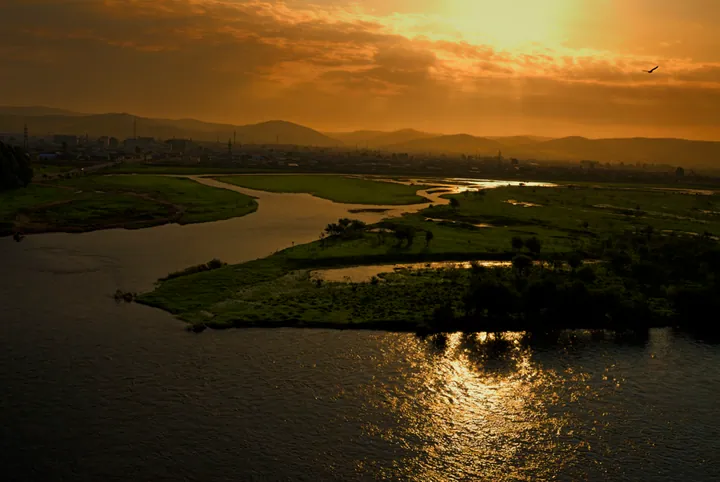 Golden sunset light over a river and wetland with a town skyline beyond
