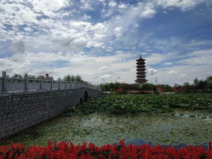 Stone bridge and pagoda overlooking a lotus pond in Fengming Park, Tangyuan County