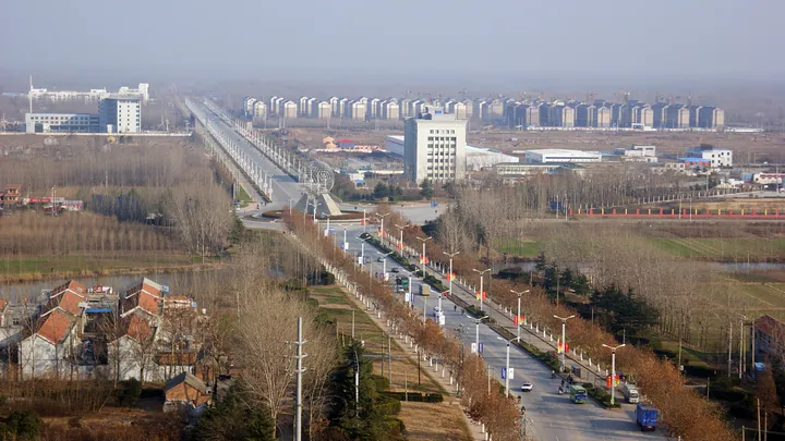 An elevated view of a tree-lined avenue leading to a small town amid farmland