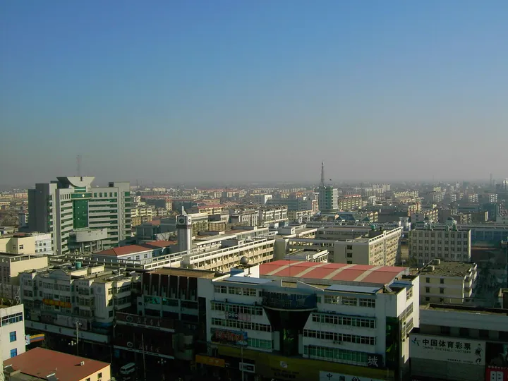 Rooftop-level aerial view over the old town of Ganyu District