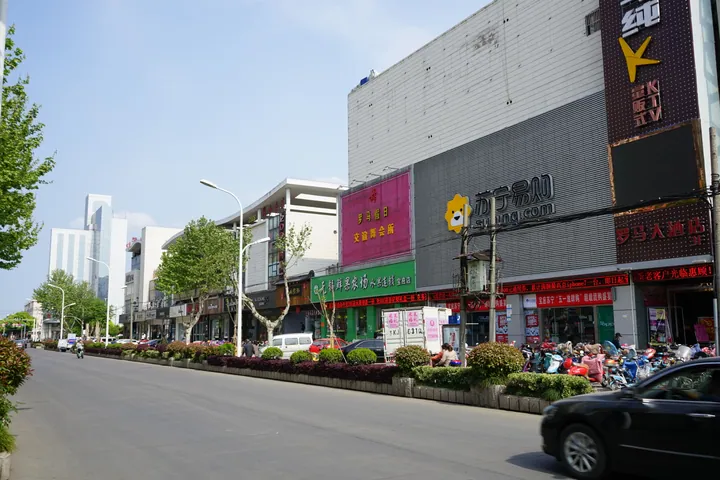 A commercial street with shops and shade trees in Baoying County