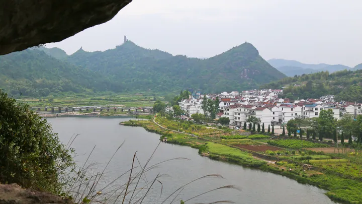 River, riverside village and karst peaks at the Xiaochibi scenic area, Jinyun County