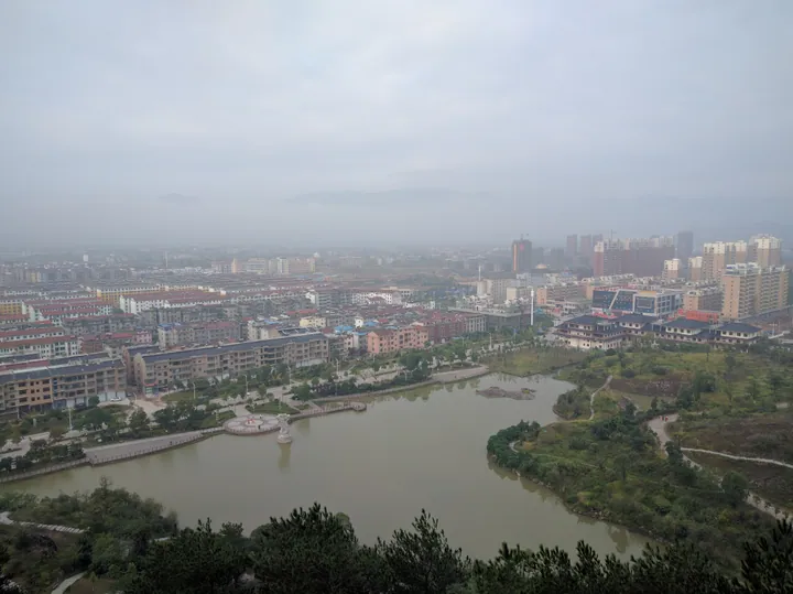 Elevated view of Nancheng County with a lake