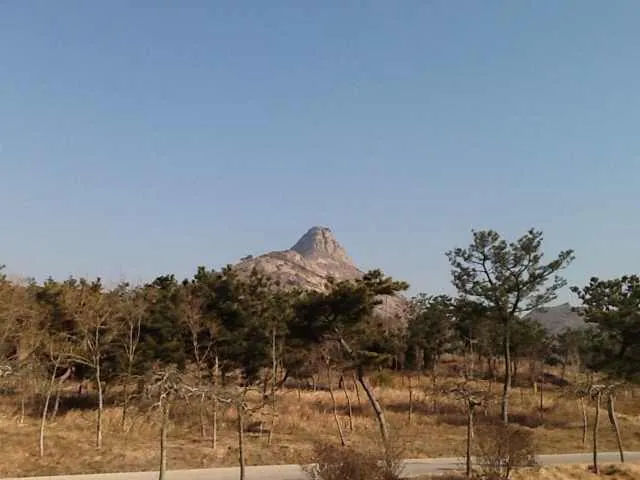 A conical mountain peak rising above trees near Rushan