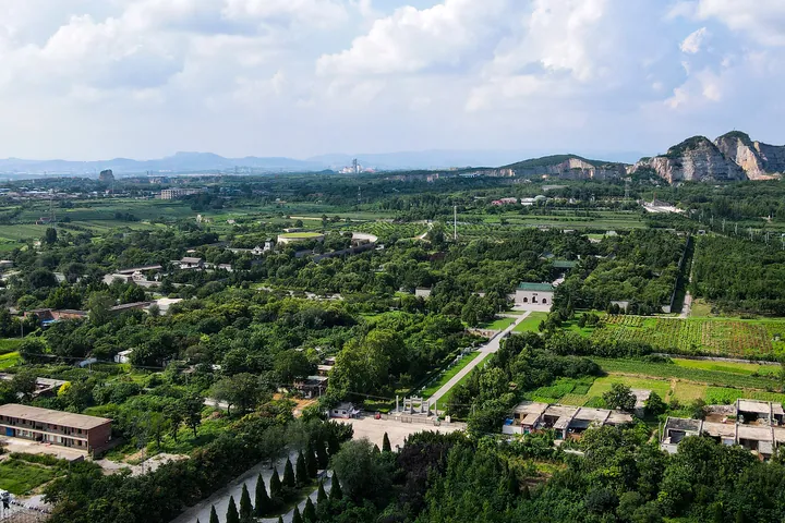 Aerial view of the Mausoleum of the Prince Jian of Lu amid greenery