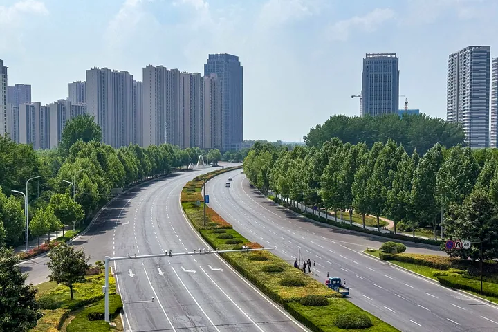 Wide tree-lined boulevard with high-rise buildings