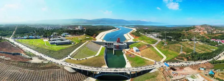 Aerial view of the water-transfer canal starting point and gate structure in Xichuan County