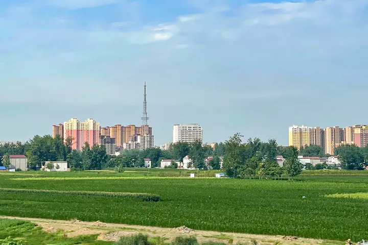 High-rise buildings of Shenqiu County town seen beyond green fields