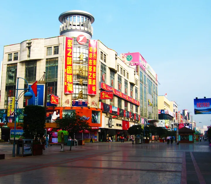 A bright, busy pedestrian shopping street lined with shops and signage in Changde