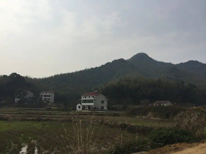 Rice paddies and farmhouses below a forested mountain in Xiushan Town, Taojiang County