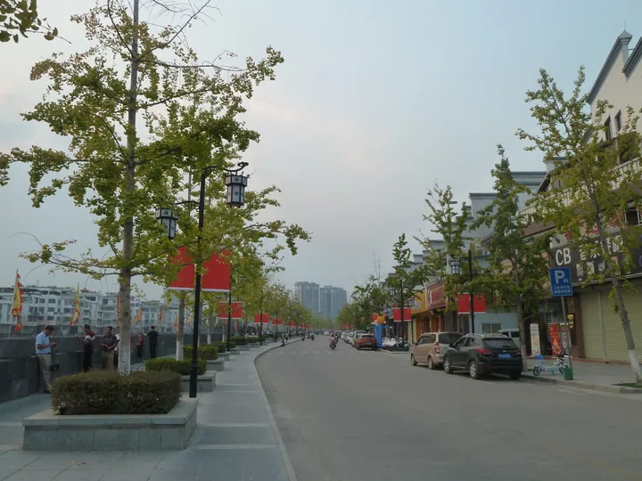 A tree-lined town street with red lanterns, national flags and shopfronts in Mengshan County