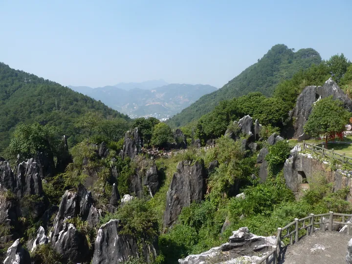 Sharp grey karst rock pinnacles among green trees with a valley view beyond