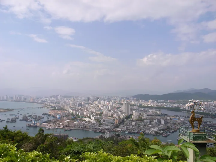 Panoramic coastal city view with harbour and boats, seen from a hillside park