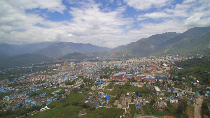 Drone panorama of Ningnan County seat in its valley