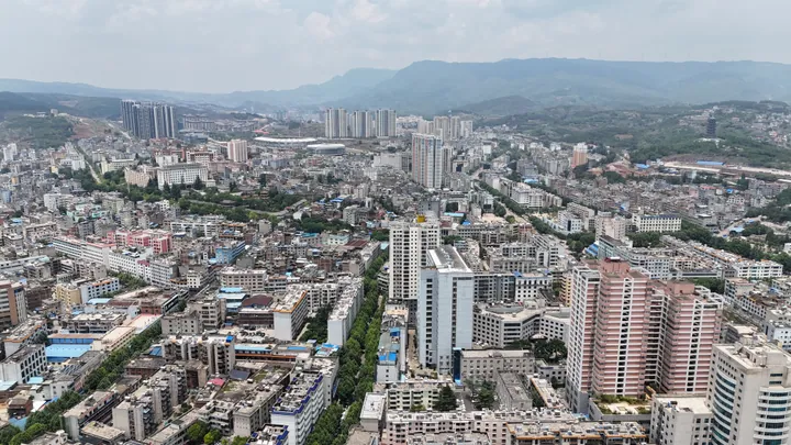 Aerial cityscape of Fuyuan County