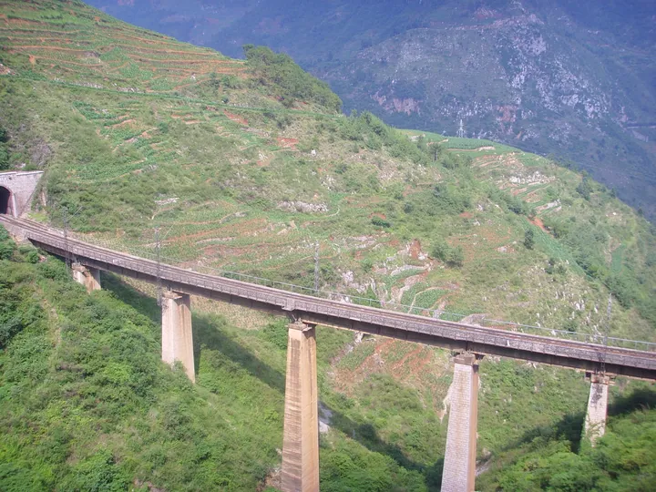 Railway viaduct over terraced farmland near Xuanwei