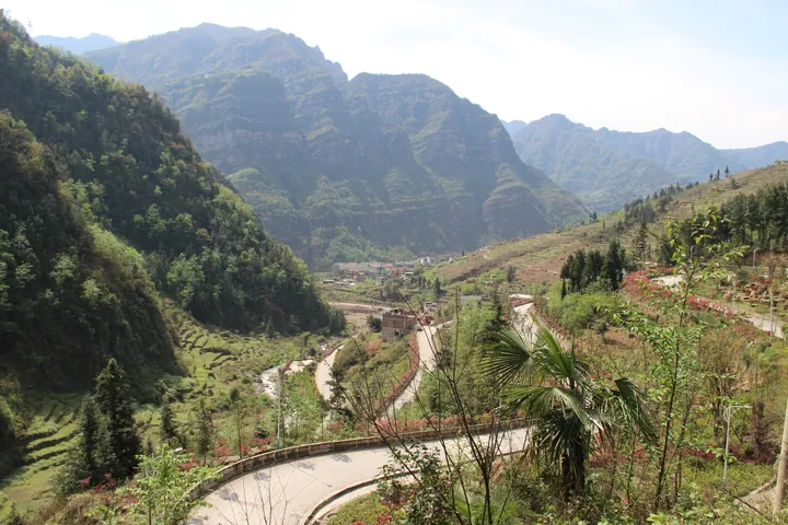 Terraced valley with a winding road among steep green mountains