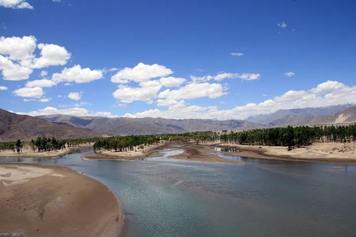 Braided river channel with sandbars and trees in Quxu County