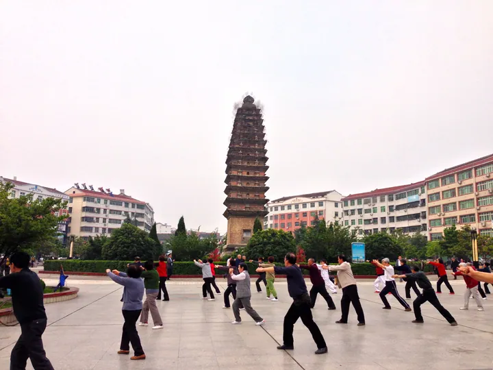 Tang dynasty pagoda standing in a plaza in Yang County