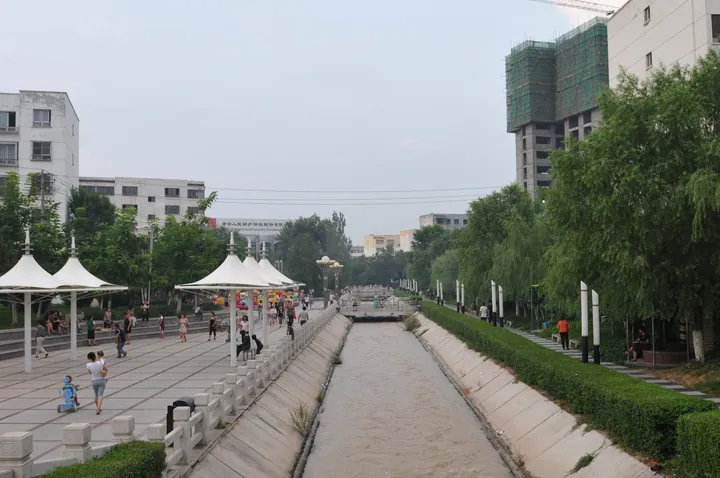 A wide town street with shops, trees and a cyclist