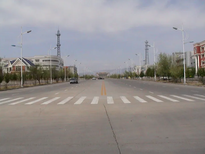 Empty street with shops in the border town of Alashankou