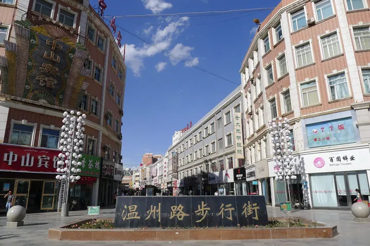 A pedestrian shopping street with signage and buildings in Aksu