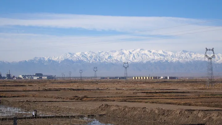 Ploughed farmland and power-line towers in the foreground with snow-capped mountains on the horizon