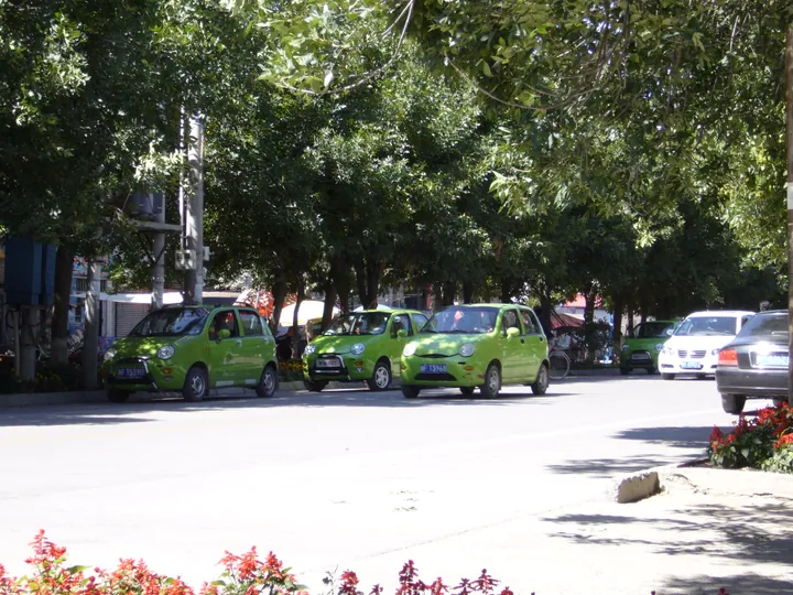 Tree-lined avenue with small green cars in Yining County
