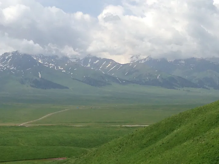 Snow-capped mountains above a green valley with grazing livestock at Nalati Grassland.