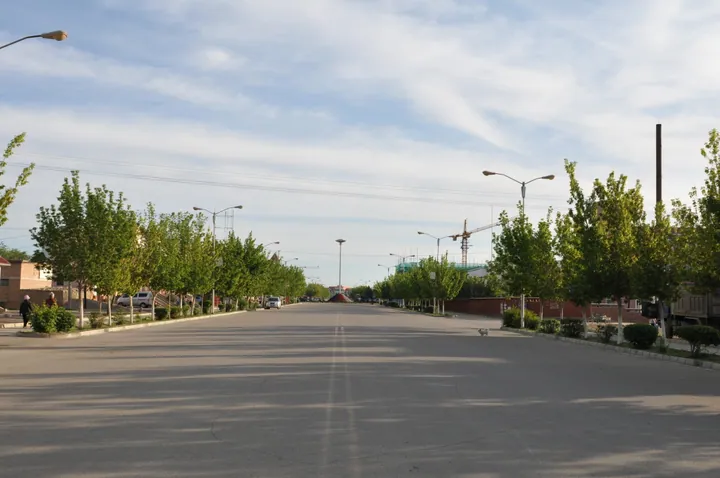 Tree-lined street in Hoboksar Mongol Autonomous County