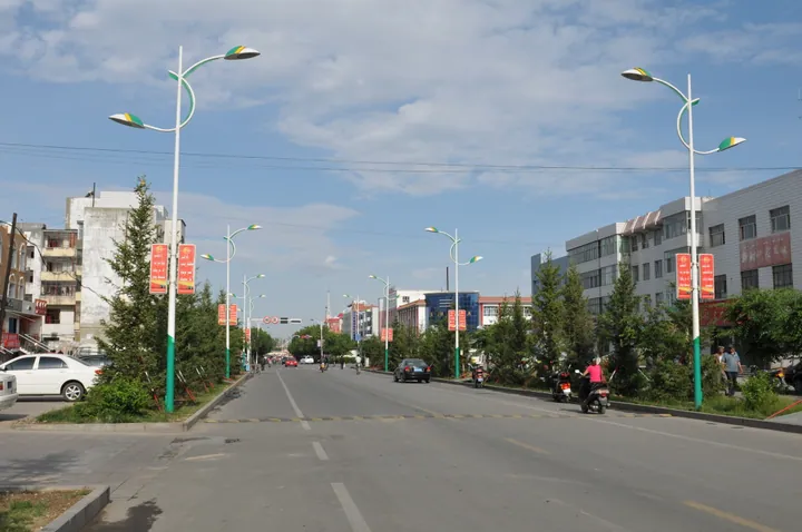 A town street with modern street lamps, trees, shops and traffic