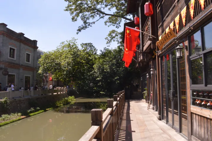 Historic waterfront street with traditional buildings in Shangxiahang, Fuzhou