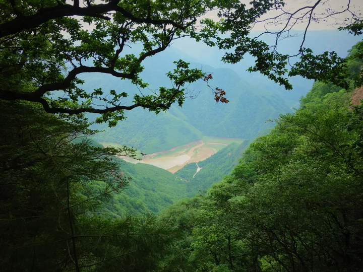 A forested valley framed by tree branches with a reservoir below, seen from Kongtong Mountain