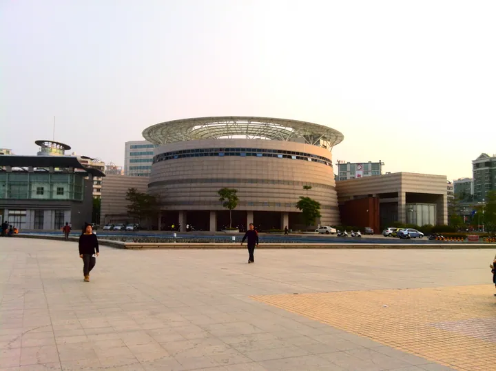 The circular Chaozhou Museum building with its distinctive canopy roof