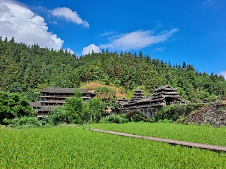 Stilt houses and covered bridge at Chengyang Eight Villages, Sanjiang