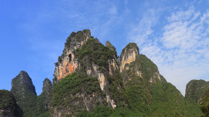 Karst limestone peaks along the Shili Hualang scenic road near Yangshuo, Guangxi