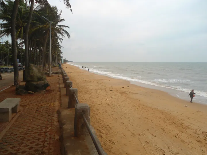 Sandy shoreline with coconut palms and walkway at Holiday Beach