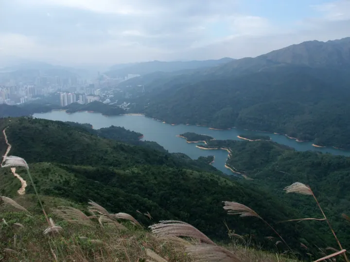 Aerial hillside view of Shing Mun Reservoir surrounded by forested hills