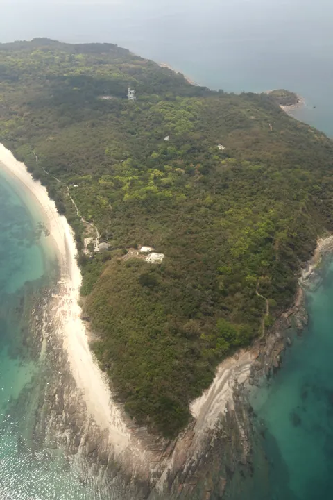 Aerial view of the island of Tung Ping Chau with its beaches and cliffs