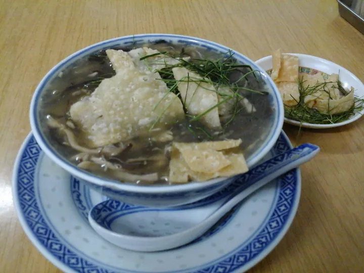 A bowl of dark snake soup topped with crispy wonton strips.