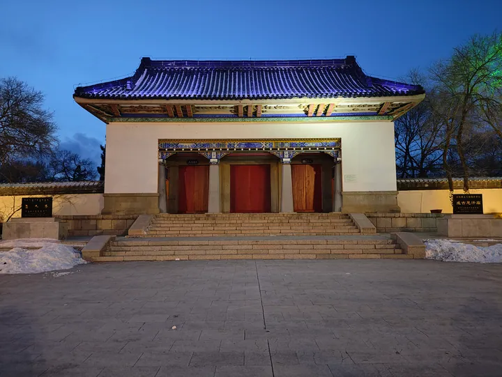 Front facade of the Genghis Khan Temple in Ulanhot at dusk