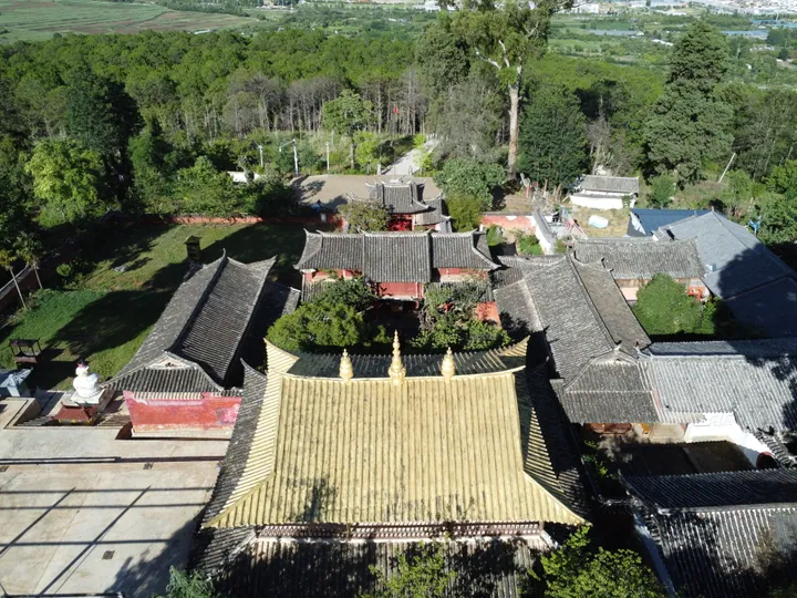 Bird's-eye view of the Puji Temple building complex with grey tiled roofs