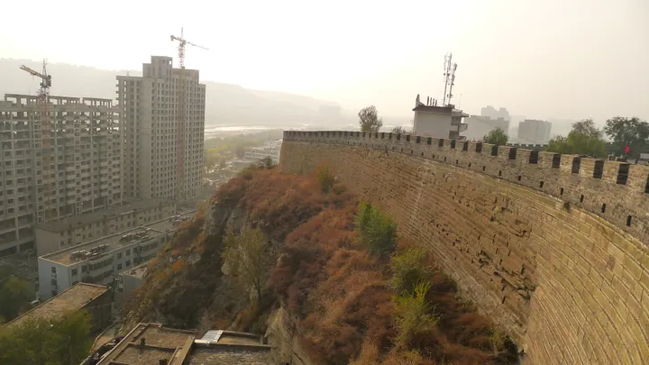 Ancient brick city wall of Fuzhou ancient city above the modern town of Fugu County, Shaanxi